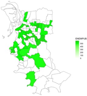 Average ENEM performance of public schools by neighborhood in Porto Alegre, Brazil (2015).