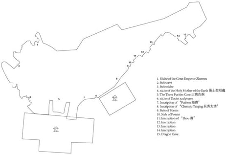 Drawing of the schematic plan of the Nanshan cliff statures in Dazu (F. Li 2017, p. 287).
