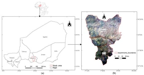 (a) Location of the study area, (b) Landsat 8, 2020, RGB colors.