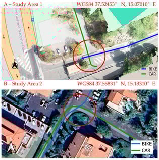 Bicycle and vehicle trajectories in the study areas.