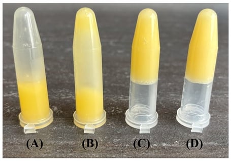 Tube inversion test results for oleogels prepared with 10% (A), 15% (B), 20% (C), and 25% (D) sorbitan monostearate.