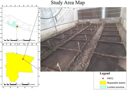 Location of the experimental site and its general ground view before the experiment [FRTC in this map stands for the Forest Research and Training Centre, Butwal, Lumbini Province, Nepal].