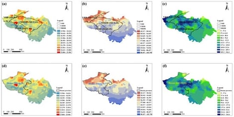 Administration division and watershed-scale division of average temperature (AT), relative humidity (RH), and total precipitation (TP) in Henan province in 2022. (a) AT (°C) based on watershed-scale division; (b) RH (%) based on watershed-scale division; (c) TP (mm) based on watershed-scale division; (d) AT (°C) based on administration division; (e) RH (%) based on administration division; (f) TP (mm) based on administration division. SD means standard deviation.