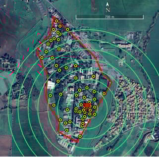 Study area at ENEA-Casaccia Research Center (Rome, Italy), where experiments were conducted. The border of the Research Center is represented in red. Yellow dots identify the positions of the ovitraps (n = 58). The red pointerindicates the release spot of Ae. albopictus ARwP males. Green circles define the distance ranges (100 m each) from the release spot used to analyze the data from ovitraps and HLC.