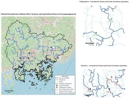 Selected GW monitoring stations near the Nam and Nakdong rivers in Gyeongsangnam-do.