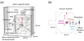 (a) The drawing of the sensor head. The enclosed volume of the outer magnetic shield is 52 L and the mass is 24 kg. The magnetic shields contribute to 70% of the mass. Elements in the space between the outer and inner magnetic shield include the 5-way cross hosting Rb dispensers, a non-evaporable getter (NEG) pump, an ion pump, and a copper tube for pinch-off sealing the vacuum. All optical components and magnetic coil packages are attached to an octagonal vacuum chamber, which is inside the inner magnetic shield. (b) Schematic of the atomic fountain inside the octagonal vacuum chamber.