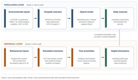 Conceptual overview of the proposed dual framework. The population layer (Study 1) links environmental and meteorological exposures to the daily count of respiratory hospitalizations in São Paulo. The individual layer (Study 2) links adherence to diaphragmatic breathing, captured by the Respire Bem system, to simulated clinical outcomes and digital biomarkers. The dashed connector indicates that the two layers are articulated conceptually only, since they were not integrated at the level of data or model in the present work.