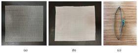 Components used in the experimental program: (a) AR-glass textile; (b) PVA textile; and (c) steel clamp connector.