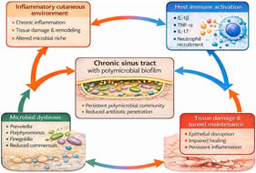 Proposed model illustrating a self-perpetuating cycle between microbial dysbiosis, chronic inflammation, and host immune activation in hidradenitis suppurativa. Microbial enrichment and immune signaling are depicted as interacting processes rather than primary initiating events.