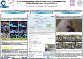 A representative post-earthquake frame (top-left) is processed by the YOLOv8-seg–based Detection–Refinement Network trained on the D’RespNeT corpus. The panels show the raw UAV image (top-left), colour-coded instance masks (top-right), polygon masks and instance boundaries overlaid on the RGB image (bottom-left), and dense class labels and detections rendered on the scene (bottom-right). Colours distinguish semantic classes consistently across the masks, boundaries, and labels; each colour corresponds to the class name displayed in the panel and has no ordinal meaning. D’RespNeT provides polygon-level annotations for SAR-relevant classes—including accessible and blocked entry points, structural damage and debris levels, rescue personnel, vehicles, and other operational context—derived from real post-disaster UAV footage. These annotations support operational situational awareness and the training and evaluation of the perception stack. The outputs also feed a traversability module: obstacles are identified during the UAV’s approach, and once the UAV reaches a bird’s-eye vantage point, the same perception stack generates an operator-in-the-loop ground-path cue to guide the UGV and support response teams.