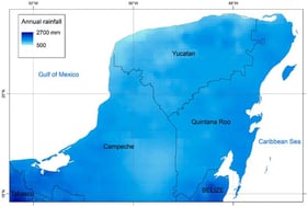 Mean annual rainfall for the period 1981–2024 in the Yucatan Peninsula from CHIRPS v3.0.