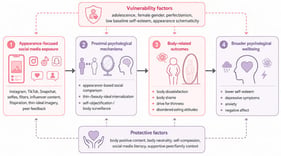 Conceptual pathway linking appearance-focused social media exposure to body image and psychological wellbeing outcomes. Note: The model integrates social comparison, internalization of appearance ideals, and self-objectification as core mechanisms through which appearance-focused digital environments may contribute to body dissatisfaction, body shame, drive for thinness, disordered eating attitudes, reduced self-esteem, depressive symptoms, anxiety, and negative affect. Vulnerability and protective factors are shown as contextual modifiers of these pathways.