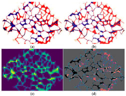 Construction of pore-prior-constrained token embeddings from standardized microscopic remaining-oil images. (a) Standardized microscopic remaining-oil image input; (b) non-overlapping 16 × 16 block grid; (c) patch-level pore-prior response map; (d) pore-prior-constrained feature projection. Red represents microscopic remaining oil.