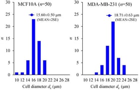Cell diameter distributions. The statistical values (MEAN ± 2SE; 95% confidence interval) represent the values from 50 samples for each cell group. A statistically significant difference was observed between the diameters of the two groups (p < 0.01). The coefficient of variation (CV) for both is ∼12%.