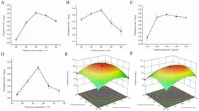 Optimization of extraction process of polyphenols from SLKDT. (A) Effect of ethanol volume fraction on the yield of polyphenols, (B) effect of ultrasound time on the yield of polyphenols, (C) effect of solid-to-liquid ratio on the yield of polyphenols, (D) effect of ultrasonic temperature on the yield of polyphenols, (E,K) effect of ethanol volume fraction and ultrasound time on polyphenol yield, (F,L) effects of ultrasound time and solid-to-liquid ratio on the yield of polyphenols, (G,M) effect of solid-to-liquid ratio and ultrasonic temperature on the yield of polyphenols, (H,N) effect of ethanol volume fraction and ultrasonic temperature on the yield of polyphenols, (I,O) effect of ethanol volume fraction and solid-to-liquid ratio on the yield of polyphenols, and (J,P) effect of ultrasound time and ultrasonic temperature on the yield of polyphenols.