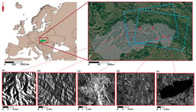 Overview map of the study areas used for SAR speckle noise filtering evaluation, showing the spatial distribution of five test sites in eastern Slovakia representing different land cover types: (a) mountainous area, (b) forested area, (c) urban area, (d) cropland area, and (e) water body area. Blue boxes indicate the Sentinel-1 scenes used in the analysis. Detailed zooms illustrate the extent and landscape context of each site.