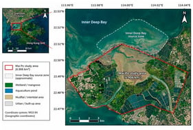 Location of the 6.906 km2 Mai Po Marshes–Inner Deep Bay study area and Inner Deep Bay source zone in north-western Hong Kong. Coordinate labels were checked against the uploaded study-area geometry, which spans approximately 113.999–114.034° E and 22.471–22.504° N. The scale bar at 1 km integer intervals.