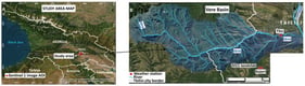 Study area. (A) Regional location of the study area within Georgia and the Sentinel-1 image area of interest (AOI); (B) Vere River basin showing the drainage network, Tbilisi city boundary, TSU and Kojori weather stations, and the location of the 2015 landslide. Basemap Sources: Esri, HERE, Garmin, OpenStreetMap contributors, Maxar, Earthstar Geographics, and the GIS User Community|Powered by Esri.