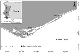 Map showing the location of the collecting site for the razor clam Solen marginatus off Hangares (H) village of Ilha da Culatra, under the bivalve production area (delimited by the dashed line) in the Ria Formosa lagoon (Algarve coast, southern Portugal).