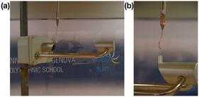 (a) Outer shape of the Thies Clima LPM optical disdrometer, shown during the experiments conducted at the WT facility of the University of Genoa for the evaluation of the aerodynamic effect. (b) Close-up detail of the Cobra pressure probe used for airflow velocity measurements.