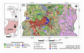 Location of the 18 sampling sites in the Federal District, Brazil. Sampling sites are identified as P1–P18, and colors indicate the hydrographic unit classes (HU-RURAL, HU-URBAN, and HU-NATURAL).
