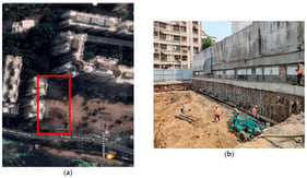Location of study. (a) Bird’s-eye view via Google Maps (Desktop version); (b) Construction site.