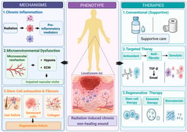 Graphical overview of the three-stage pathological cascade in radiation-induced chronic wounds. Blue, green, and yellow/orange panels represent the acute inflammatory, chronic inflammatory/senescent, and fibrotic/remodeling stages, respectively. Thick arrows indicate pathological progression or causal relationships; small ↑ arrows denote increased and decreased levels or activity, respectively.