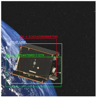 Illustrative bounding-box prediction from the SPARK 2022 dataset. The example shows the ground-truth object extent and a detector prediction, together with the corresponding IoU value, thus visually illustrating the character of the localisation criterion used when computing average precision and mAP.