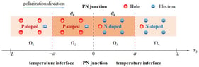 One-dimensional model of a piezoelectric semiconductor PN junction subjected to a local temperature change.