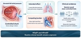 Hemodynamic consequences of interatrial shunting. Controlled left-to-right shunting from the left atrium (LA) to the right atrium (RA) can reduce LA pressure and pulmonary capillary wedge pressure (PCWP) (PATHWAY A). Conversely, an increase in pulmonary blood flow and right ventricular (RV) preload may lead to adverse clinical outcomes when pulmonary vascular or right-heart reserve is limited (PATHWAY B).