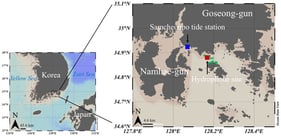 Map of the study area off Goseong-gun, South Korea, showing the hydrophone mooring site, surrounding aquaculture farms, and the tide station. Acoustic data were collected using an SM3M hydrophone from 25 September to 10 October 2021. The red square indicates the hydrophone mooring site, the blue square indicates the Samcheonpo tide station operated by the Korea Hydrographic and Oceanographic Agency, and the green squares indicate aquaculture farms around the hydrophone survey area.