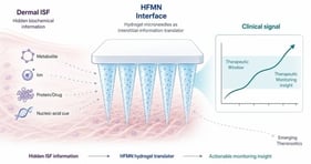 Scope positioning of HFMN-enabled ISF biosensing and therapeutic monitoring. The figure maps evidence classes along two conceptual axes: increasing platform relevance to HFMNs and increasing therapeutic proximity. Core HFMN and hydrogel-integrated ISF biosensors occupy the highest platform-relevance region, while therapeutic drug-monitoring and sensing-plus-delivery systems move toward greater therapeutic proximity. Comparator ISF microneedle biosensors and peripheral or non-ISF comparators are positioned as contextual evidence rather than central support for HFMN-enabled therapeutic monitoring. The highlighted upper-right region represents the highest-priority evidence space, where hydrogel-forming or hydrogel-integrated platforms intersect with therapeutic monitoring, delivery, or theranostic function (Prepared with the assistance of Gemini NotebookLM pro and OpenAI ChatGPT Plus).