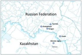 Collection sites of P. triticina in Russia and Kazakhstan.