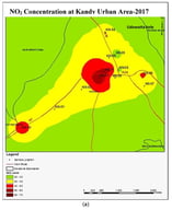 (a) NO2 concentration map of Kandy Urban Area, (b) SO2 concentration map of Kandy Urban Area, (c) Portable Air Quality Monitoring Device (DM72B, Dienmern, Shenzhen, China).