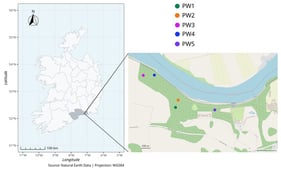 Location of MCG and colour-coded sampling areas (modified from OpenStreetMap).