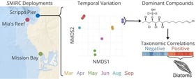SMIRC deployment sites and metabolome similarities. (A) San Diego deployment locations (colored circles). (B) NMDS plot of metabolome Bray–Curtis dissimilarities (stress: 0.155) colored by site. Shape defines deployment year. Within shapes: × indicates used HP-20 resin, + indicates HP-20 agar, no symbol indicates new HP-20 resin. Plot created using combined positive and negative-mode LCMS data. Circles indicate 95% confidence intervals.