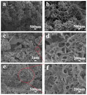SEM images of each sample: (a) k12, (b) k12c, (c) low-magnification and (d) high-resolution image of k12g, (e) low-magnification and (f) high-resolution image of k12gc.