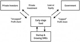 Conceptual model of a government-supported “equity enhancement” venture capital structure. SOURCE: Adapted by the authors based on the UK Small Business Service Enterprise Capital Funds model.