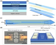 Structural design of the reference-electrode-free AlGaN/GaN HFET neural probe: (a) Epitaxial structure; (b) exploded view of the neural probe; (c) overall layout of the neural probe; (d) optical micrograph and 3D schematic of the recessed HFET sensing region.