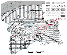 Schematic tectonic map of the Southeastern Pamirs with gold-placer ore districts (according to [48] with changes and supplements). 1—Pamir-Kunlun foredeep; 2—Northern Pamirs zone with subzones I—Kalai-Khumb-Sauksai, II—Kurgovatskaya, III—Karakulskaya, and IV—Darvaz-Sarykolskaya; 3—Central Pamir zone with subzones V—Vanch-Yazgulemskaya, VI—Sarez-Pshartskaya, and VII—Muzkol-Rangkul; 4—zone of the Southeastern Pamirs with subzones VIII—Rushan, IX—Bazardara, X—Gurumda, XI—Istyk, XII—Tokhtamysh, and XIII—Pshart and Murgab; 5—zone of the Southwestern Pamirs with subzones XIV—Gunt and XV—Vakhan; 6—boundaries of the subzones; 7—boundaries of the zones; 8—conventional boundary of the Southwestern Pamirs zone; 9—boundary of the Kunlun and Karakorum structures; 10—anticlines; 11—synclines. Granitoids: 12—K2 − P; 13—T3 − K1 (Pamir-Shugnan type); 14—T3 − K1 (Bashgumbez type); 15—T3 − K1 (Alichur type); 16—J1?; 17—P2 − T; 18—C2; 19—PR1?; 20—PR1; 21—boundaries of gold-placer ore districts of the Eastern Pamirs: A—Rangkul, B—Pshart; 22—red line shows the road leading from Khorog towards Murghab and Rangkul.