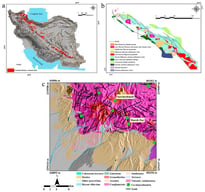 Location of the KCMB in the southeastern part of the UDMA [34] (a), the location of the Pariz study area within the KCMB [34,82] (b), and the geological map of the Pariz study area that shows the main lithological units, faults, and known porphyry copper occurrences (c).