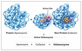 Formation of an active holoenzyme through cofactor binding. The binding of a non-protein cofactor to the inactive apoenzyme generates an active holoenzyme by completing the enzyme’s active site and enabling catalytic activity.