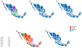 Geographic distribution of compliance with ESCCAP deworming guidelines across Mexican states, by criterion panel. (A) Pregnant dogs after day 40 of gestation. (B) Lactating dogs, 0–2 weeks postpartum. (C) Initial puppy deworming age, weeks 1–3. (D) Recommended puppy repeat dosing frequency. (E) Adult dog deworming and coprological testing.
