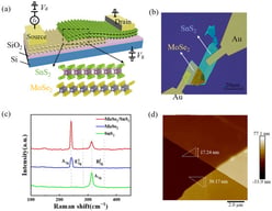 MoSe2/SnS2 heterostructure photodetector device: (a) Schematic diagram of the structure; (b) Optical image; (c) Raman spectra of SnS2 (green line), MoSe2 (blue line), and the MoSe2/SnS2 heterostructure (red line); (d) AFM analysis and height profiles of few-layer-thick MoSe2 (∼39.17 nm) and SnS2 (∼17.24 nm).