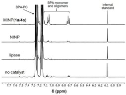 1H NMR analysis of polymer degradation by MINP(1a/4a), NINP, lipase, and without catalyst, after powdered BPA-PC was treated at 60 °C in a 3:1 mixture of pH 10 CHES buffer and organic cosolvents (DMSO + MeOH) for 24 h.