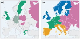 Joint Commitment examples compared with United Nations M49. (a) Current examples of “Western Europe” are shown in green and examples of “Eastern Europe” in magenta. Germany is hatched because it appeared in the 2022 pilot and was later replaced by Sweden. Countries not used as examples remain uncoloured. (b) UN M49 European subregions, with Northern Europe in blue, Western Europe in green, Eastern Europe in magenta, and Southern Europe in orange. M49 is used here only as the internal-consistency benchmark introduced at the outset, not as an ancestry taxonomy.