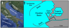 Location and structure of the imperial port of Portus [37]. Grey: port area.
