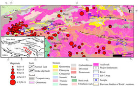 (a) Regional overview map; (b) Seismogeological map of the Yi ong-Zayu segment of the Jiali Fault Zone. The earthquake catalog is sourced from USGS, DEM elevation data is derived from Aster DEM with a 30 m resolution, and the fault locations from previous studies are based on [5].