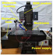 Micro-EDM set-up used for spark-plasma micro-drilling.