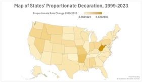 Map of Proportionate Juvenile Decarceration of U.S. States 1999–2023 (change in youth commitment rates from 1999 to 2023 as a proportion of 1999 youth commitment rates).